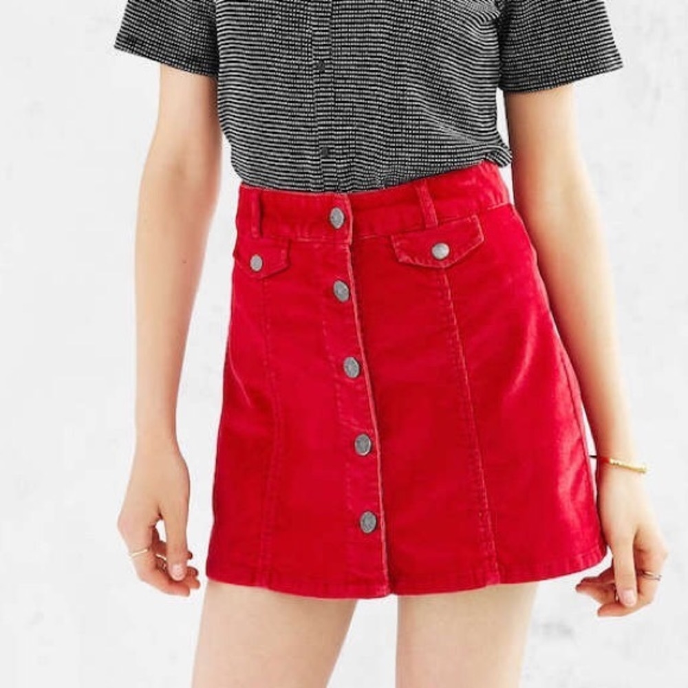 BDG red corduroy button up skirt